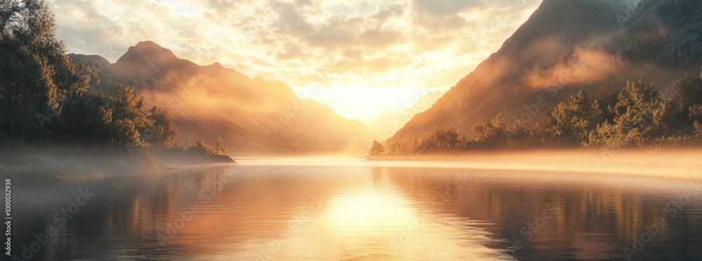 Poster a serene landscape at sunrise over a calm lake, surrounded by mountains and mist.