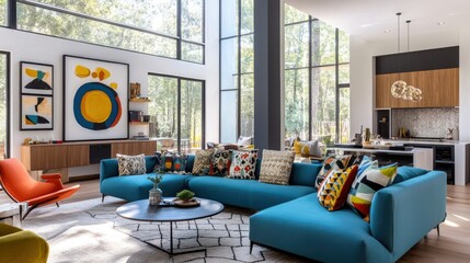Stylish open-plan living room with a turquoise sectional sofa, geometric pillows, and colorful art pieces. Large windows bring in natural light.