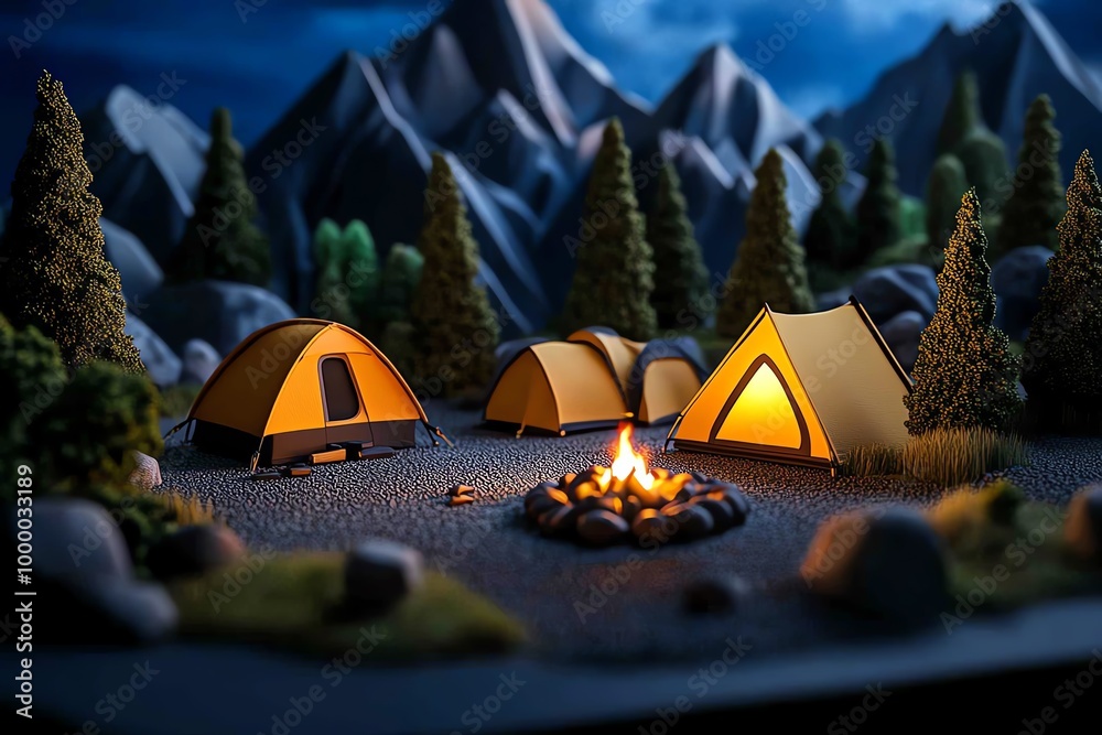 Poster 3d digital model of a mountain campsite, where users can interact with the tents, campfire, and surr