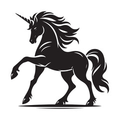 Unicorn Silhouette, Stylish icon, template, background, tattoo. Print for t-shirt. Hand drawn vector illustration, Unicorn black vector, isolated.