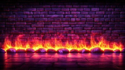 Fototapeta premium A fiery and mystical scene, where flames dance at the base of a purple brick wall, illuminating a mysterious stone floor