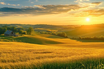 Fototapeta premium A serene landscape at sunset with golden fields and a rustic house.