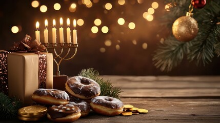 A festive table with a box of donuts, a box of gold coins, and a menorah with candles. The table is set for a special occasion, possibly Hanukkah or Christmas. The donuts are arranged in a pile
