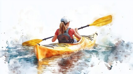 Watercolor painting of a female kayaking in water