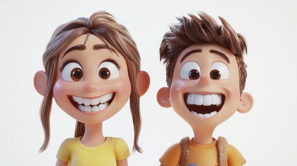 Two cheerful animated characters with big smiles, showcasing joy and friendliness.