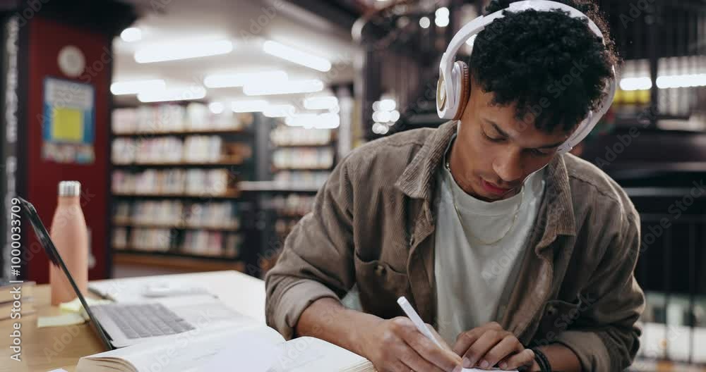 Poster student, reading and books with man in library for knowledge, education and college thesis. academy,
