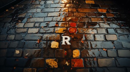 A brick walkway with the letter R in the middle