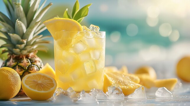 A glass of lemonade with ice cubes, slices of pineapple and lemons on the beach in summer