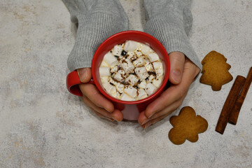 a person holding a cup of coffee with cookies in the background