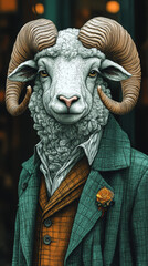 A ram in a green jacket and a yellow flower.