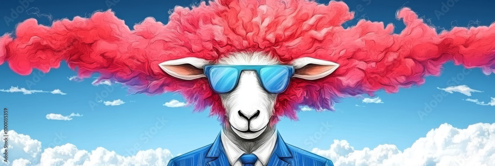 Sticker Sheep with pink hair and sunglasses smiles.