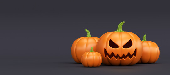 3D background for Halloween. Creepy pumpkins on a black background