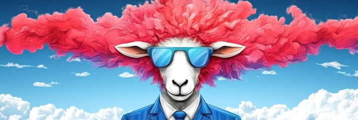Sheep with pink hair and sunglasses smiles.