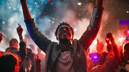 A young African man wearing a sparkling jacket celebrates at a vibrant night party. With arms raised, he revels in the festivities amidst fireworks and colorful confetti. The mood is joyful and