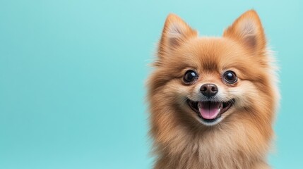 A cheerful Pomeranian dog with a bright smile against a teal background.
