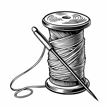 recommend clip art: Vintage Sewing Thread and Needle Illustration Retro Craft Supplies in Black and White