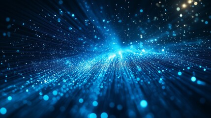 Fototapeta premium Blue light rays and fiber optic cables glowing on black background