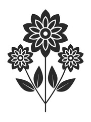 Black and white vector floral pattern with symmetrical flowers and leaf elements in folk art style.