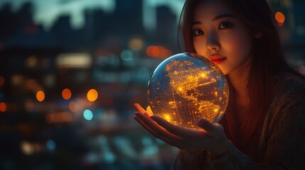 Businesswoman holding virtual glowing earth with global network and connectivity concept on blurred business chart background
