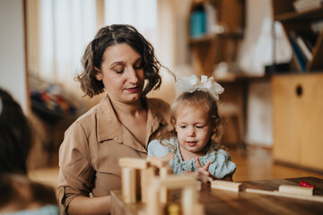 A loving mother and her daughters enjoy quality time indoors, building blocks and bonding. The scene captures warmth, family, and creativity.