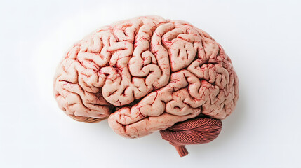 Fototapeta premium Close-up of a human brain model displaying visible age-related changes, including wrinkles and discoloration, on a white background with ample copy space. Focus on the natural aging