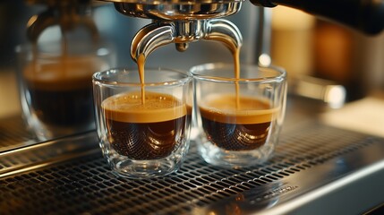 Close-up of an espresso machine pouring coffee into two glass cups