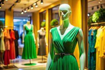 Elegant green dress displayed on a mannequin in a bright and stylish fashion boutique setting