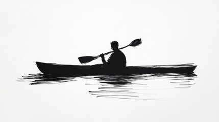 Sketch line drawing of a man kayaking in water