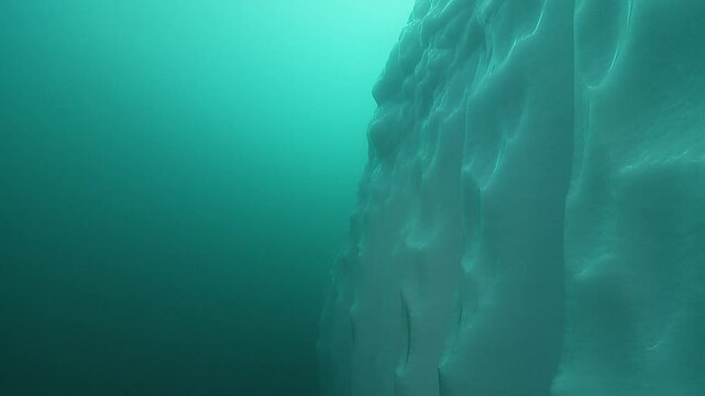 Underwater tracking shot along the submerged wall of an iceberg. The camera glides parallel to the icy surface, capturing the cold, blue environment. Check my portfolio for more iceberg footage.