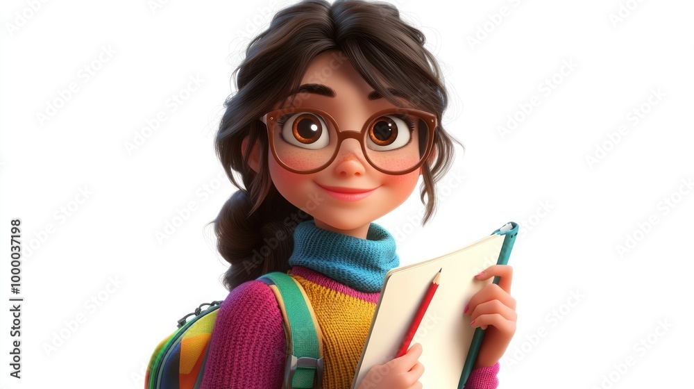 Poster A cheerful girl with glasses holding a pencil and notebook, wearing a colorful sweater and backpack.