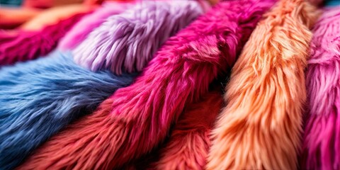 Fototapeta premium A bunch of colorful fur with a pink and orange one in the middle