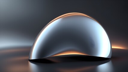 A reflective, metallic, teardrop-shaped object sits on a dark, reflective surface with a warm glow at the base.
