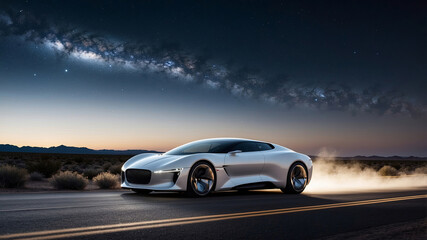 Fototapeta premium fashionable stylish car , supercar of the future, white elite electric car on the highway at night against the background of the starry sky