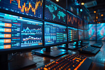 Computer monitors displaying stock data graphs in a modern control room or meeting room, showcasing financial analysis and monitoring.
