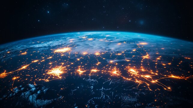 The earth seen from space with glowing city lights on it and network connections connecting the world, representing global connectivity and data transfer between cities across different time zones - Powered by Adobe
