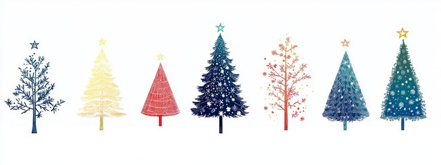 A row of Christmas tree silhouettes in different colors, each with a star on top and snowflakes hanging from the branches, arranged against a white background. elegant festive atmosphere 