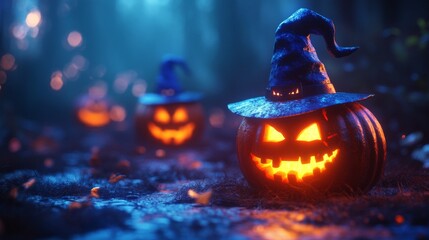 Obraz premium Glowing Jack-o'-Lanterns with Witch Hats in a Spooky Halloween Forest