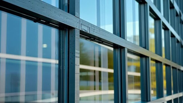 The facade of a modern office building with large windows reflecting the blue sky, creating a sense of security and professionalism