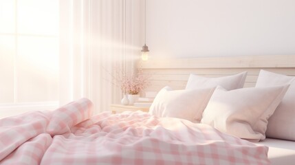 King-size bed with soft bedhead and pastel pink bedding in feminine room. Neural network ai generated art