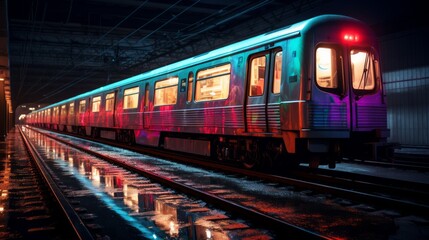 Naklejka premium Commuter train at metro railway station at night. Neural network ai generated art
