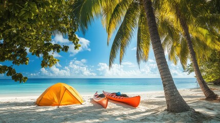 Kayak tent at white sand beach with coconut trees