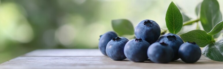 Obraz premium A close-up of fresh blueberries with green leaves on a wooden surface.