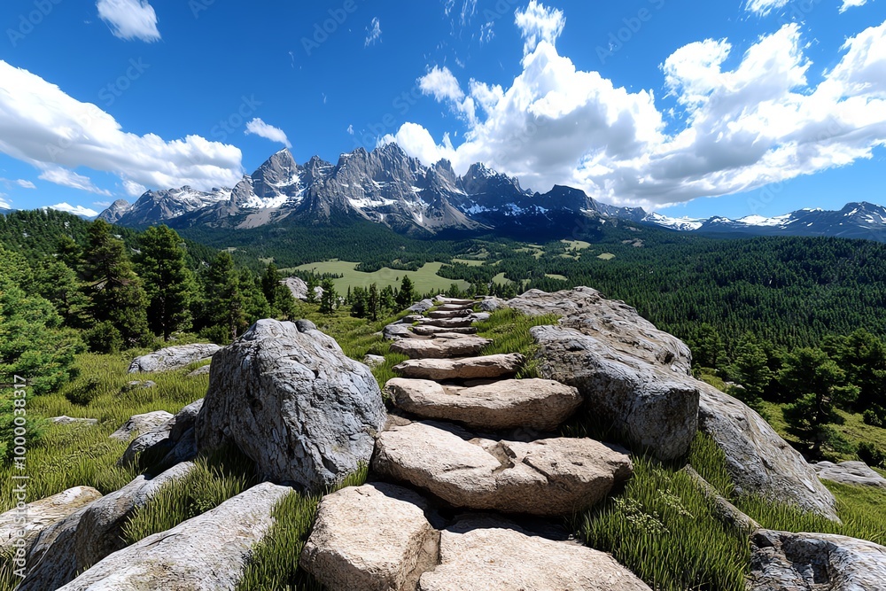 Poster 3d digital rendering of a scenic outdoor hike, where users can explore the rugged trails, mountains,