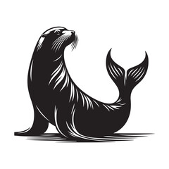 Sea Lion Silhouette, Stylish icon, template, background, tattoo. Print for t-shirt. Hand drawn vector illustration, Sea Lion black vector, isolated.