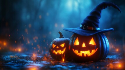 Fototapeta premium Glowing Jack-o'-Lanterns with Witch Hats in a Spooky Halloween Forest