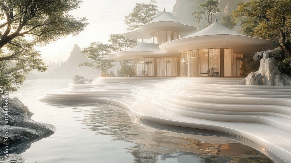 Wall mural serene modern architecture by a tranquil water body.