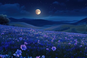 A serene night landscape with a full moon illuminating a field of blooming flowers.