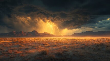 A lightning storm over a serene desert landscape, with bolts of lightning illuminating the barren terrain and rugged mountains in the distance. The dark storm clouds create a dramatic backdrop