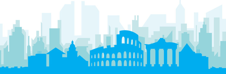 Blue panoramic city skyline poster with bluish misty transparent background buildings of ROME, ITALY