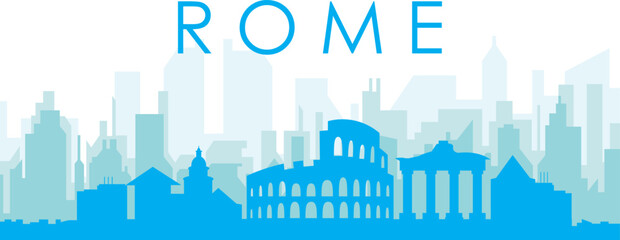 Fototapeta premium Blue panoramic city skyline poster with bluish misty transparent background buildings of ROME, ITALY